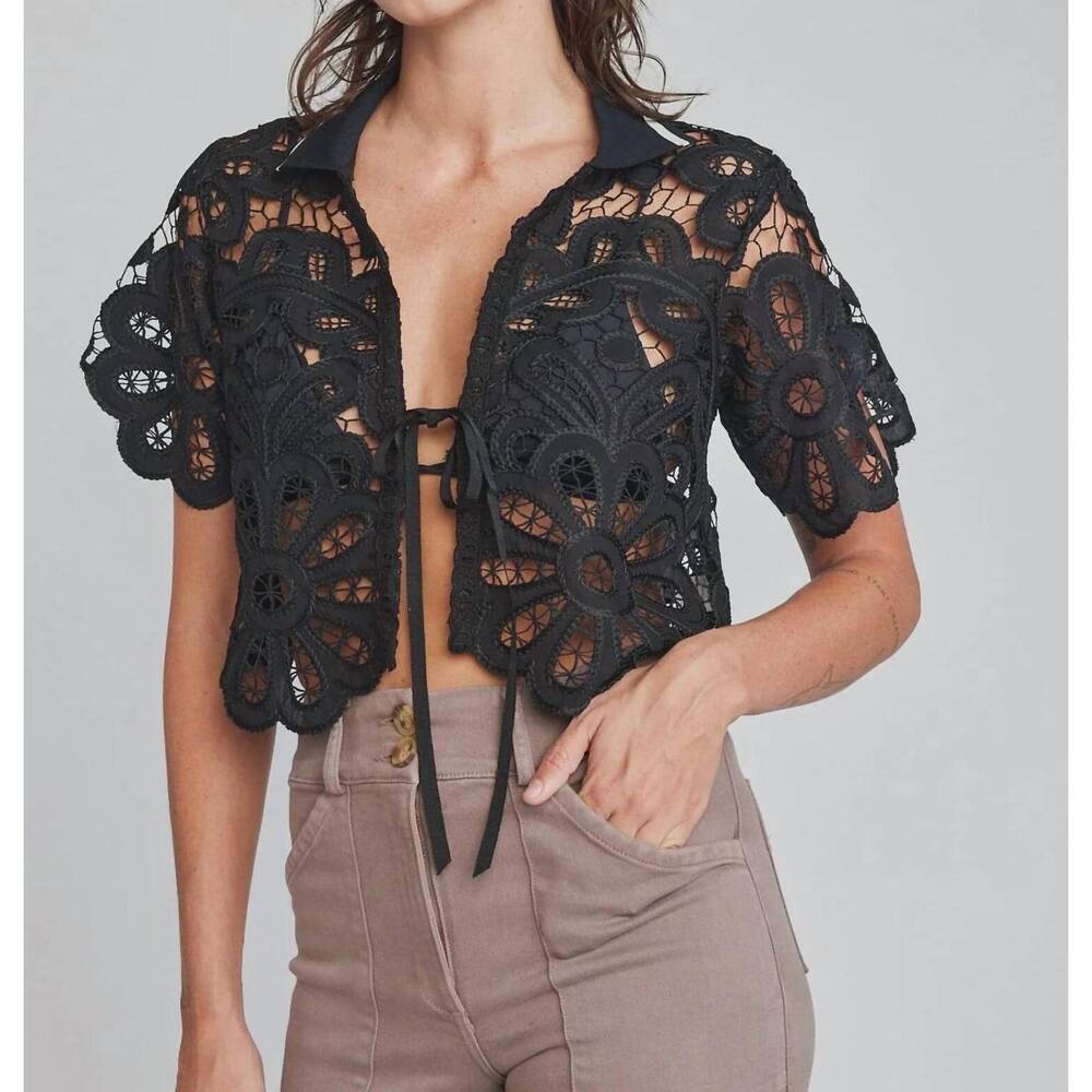NEW SELF CONTRAST emaline open tie crop shirt in black